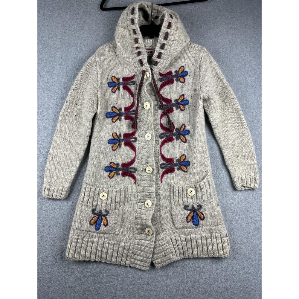 NEWARI Cardigan Sweater Womens S/M Beige Hooded Floral Embroidered Wool Knit